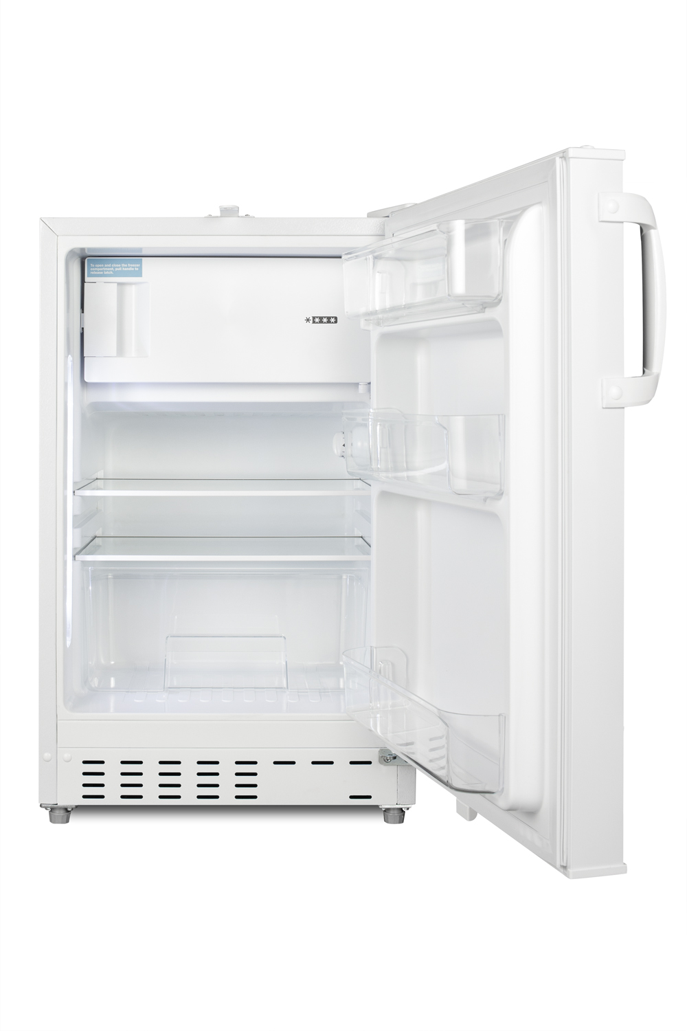 Built-in undercounter ADA compliant refrigerator-freezer in white for residential use, manual defrost with glass shelves, front lock, and door storage